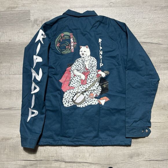 Rip N Dip Coach Jacket Men’s Small Teal Blue Japanese Cat Embroidered Streetwear - Picture 1 of 13